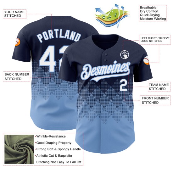 Maglia da baseball personalizzata con motivo blu navy, design autentico, forme 3D sfumate quadrate, bianco-chiaro Maglia da baseball personalizzata con motivo blu navy, design autentico, forme 3D sfumate quadrate, bianco-chiaro