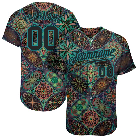 Maglia da baseball personalizzata con mandala autentici, motivo 3D nero-verde acqua Maglia da baseball personalizzata con mandala autentici, motivo 3D nero-verde acqua