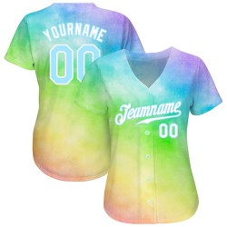 Maglia da baseball Rainbow Custom Light Dye Authentic 3D blu-bianca con cravatta