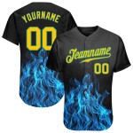 Maglia da baseball personalizzata 3D con fiamme oro-verde acqua, design autentico nero Maglia da baseball personalizzata 3D con fiamme oro-verde acqua, design autentico nero