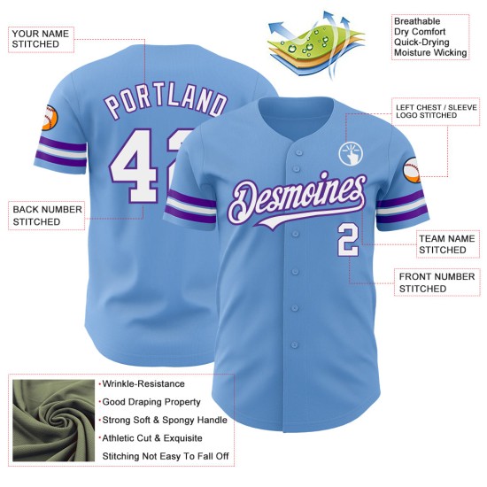 Maglia da baseball autentica bianca e viola, blu, personalizzata Maglia da baseball autentica bianca e viola, blu, personalizzata