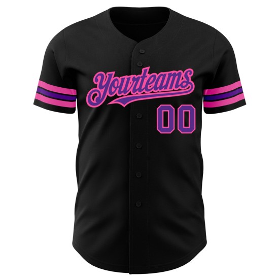 Maglia da baseball personalizzata nera viola-rosa autentica Maglia da baseball personalizzata nera viola-rosa autentica