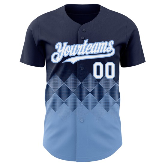 Maglia da baseball personalizzata con motivo blu navy, design autentico, forme 3D sfumate quadrate, bianco-chiaro Maglia da baseball personalizzata con motivo blu navy, design autentico, forme 3D sfumate quadrate, bianco-chiaro