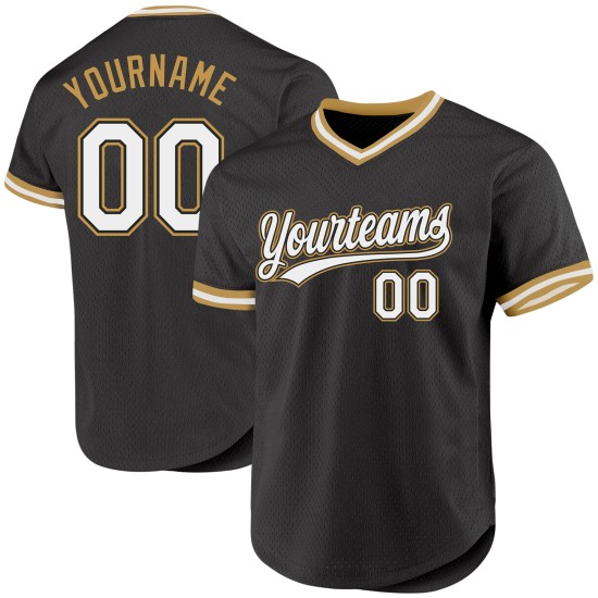 Maglia da baseball personalizzata nera, bianca e oro antico, autentica Maglia da baseball personalizzata nera, bianca e oro antico, autentica