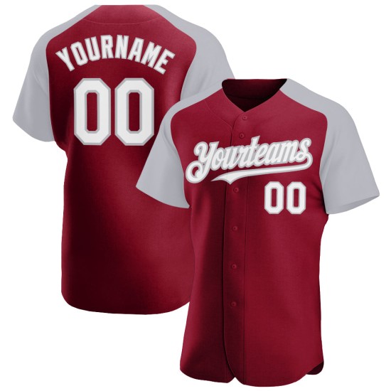 Maglia da baseball autentica, maniche raglan, colore bianco-grigio cremisi, personalizzata Maglia da baseball autentica, maniche raglan, colore bianco-grigio cremisi, personalizzata