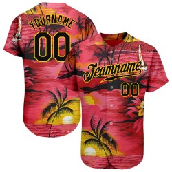 Maglia da spiaggia con motivo a palma, autentica, rossa, personalizzata, con alberi da baseball, sole, nero e giallo, 3D