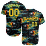 Maglia da baseball Gold-Lakes nera con motivo 3D Hotrod e autentica fiamma blu da bowling personalizzata Maglia da baseball Gold-Lakes nera con motivo 3D Hotrod e autentica fiamma blu da bowling personalizzata