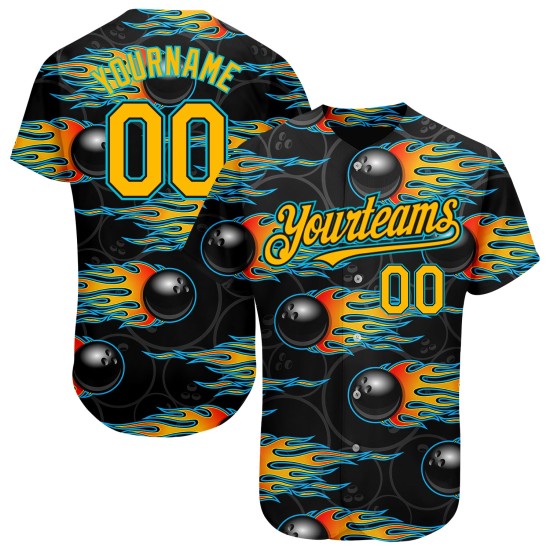 Maglia da baseball Gold-Lakes nera con motivo 3D Hotrod e autentica fiamma blu da bowling personalizzata Maglia da baseball Gold-Lakes nera con motivo 3D Hotrod e autentica fiamma blu da bowling personalizzata