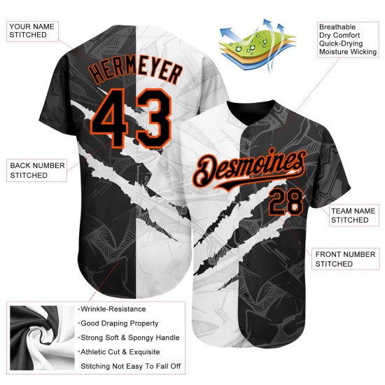 Maglia da baseball autentica con motivo graffiato, 3D personalizzata, graffiti neri e arancioni Maglia da baseball autentica con motivo graffiato, 3D personalizzata, graffiti neri e arancioni