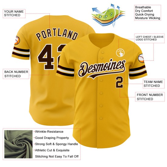 Maglia da baseball personalizzata, autentica, marrone-bianca, in oro Maglia da baseball personalizzata, autentica, marrone-bianca, in oro