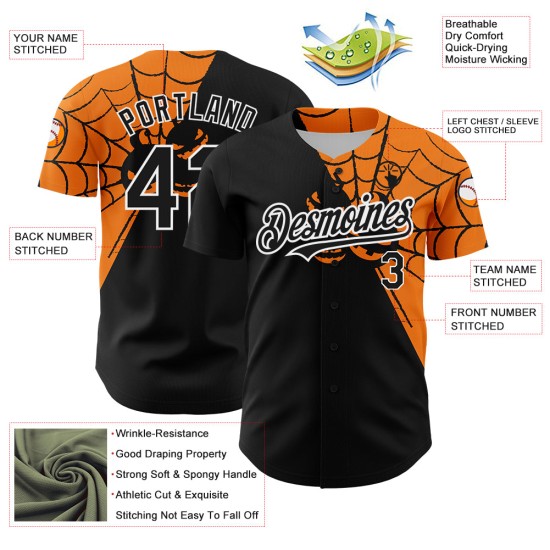 Maglia da baseball autentica con ragnatela, motivo Bay, nera, arancione e bianca, personalizzata