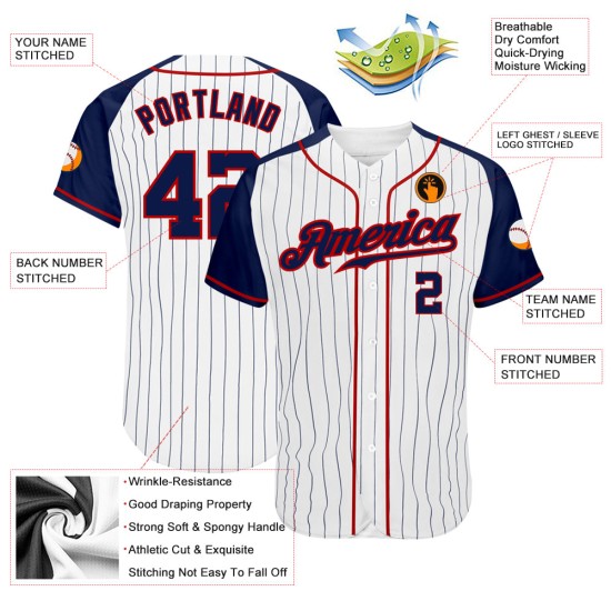 Maglia da baseball a righe blu navy e rosse, maniche personalizzate, bianca, raglan, autentica Maglia da baseball a righe blu navy e rosse, maniche personalizzate, bianca, raglan, autentica