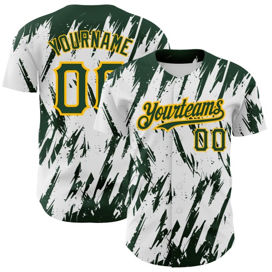 Maglia da baseball personalizzata 3D bianca con motivo astratto, autentica, verde-oro Maglia da baseball personalizzata 3D bianca con motivo astratto, autentica, verde-oro
