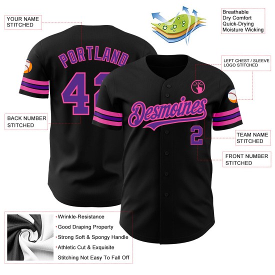 Maglia da baseball personalizzata nera viola-rosa autentica Maglia da baseball personalizzata nera viola-rosa autentica