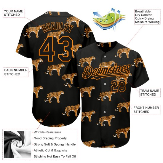 Maglia da baseball 3D con motivo personalizzato Bay Orange Black Tiger Design autentico Maglia da baseball 3D con motivo personalizzato Bay Orange Black Tiger Design autentico