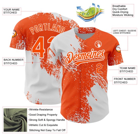 Maglia arancione con pennellate, design autentico personalizzato, modello astratto bianco da baseball 3D Maglia arancione con pennellate, design autentico personalizzato, modello astratto bianco da baseball 3D