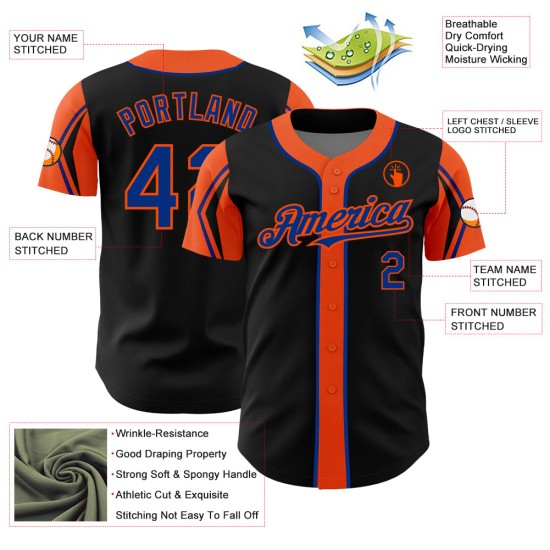 Maglia da baseball autentica personalizzata con 3 forme, colori nero, blu e arancione Maglia da baseball autentica personalizzata con 3 forme, colori nero, blu e arancione