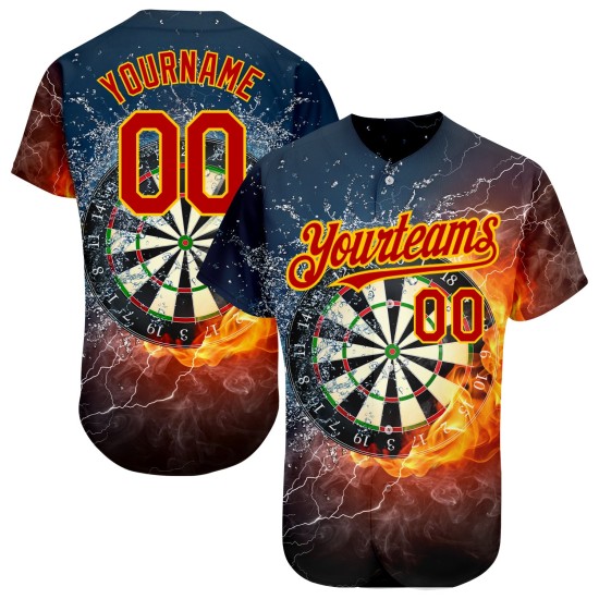 Maglia da baseball personalizzata con motivo fiamma rosso-oro, freccetta nera 3D, autentica Maglia da baseball personalizzata con motivo fiamma rosso-oro, freccetta nera 3D, autentica