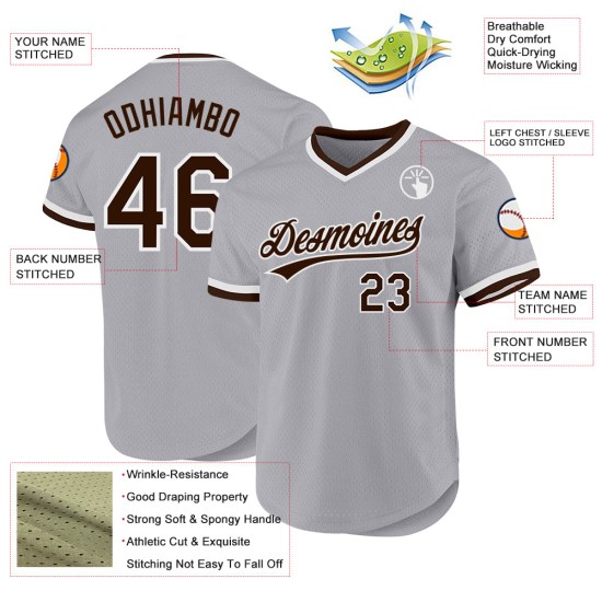 Maglia da baseball grigia autentica marrone-bianca personalizzata Maglia da baseball grigia autentica marrone-bianca personalizzata